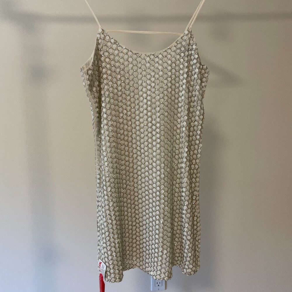 Parker Beaded White Silk Spaghetti Strap Mini Cocktail Dress, XS, NWT $99